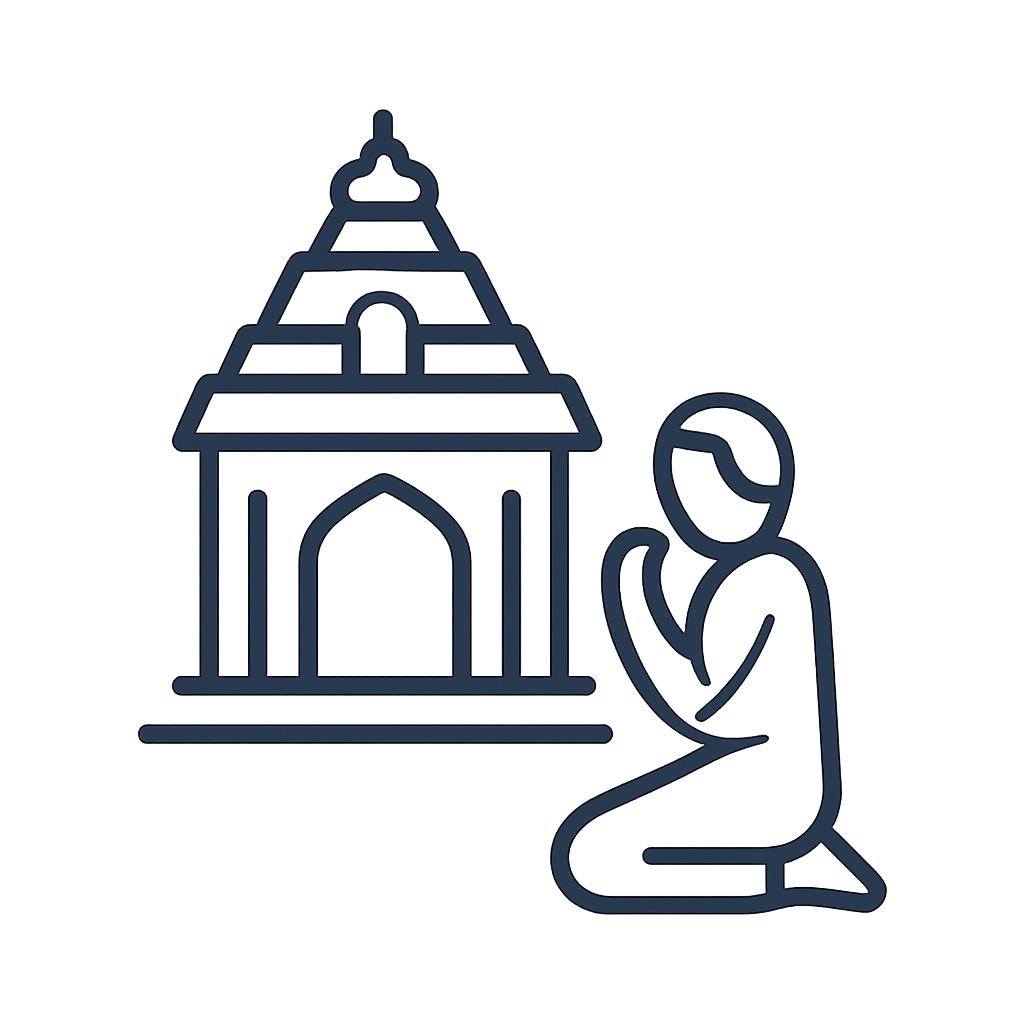A simplistic illustration of a Hindu temple and a figure in prayer, set against a dark background.