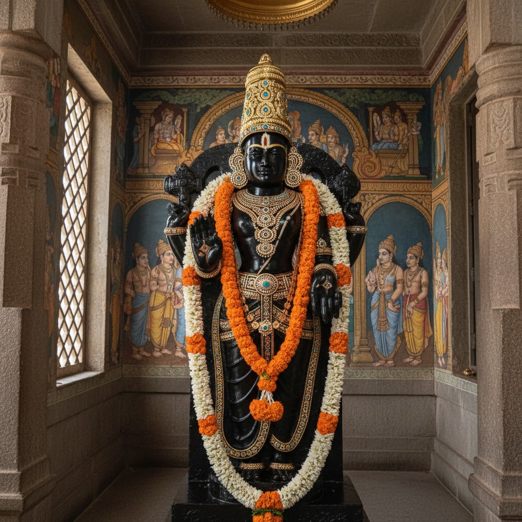 A stone statue in a temple or shrine, adorned with an orange and white garland.