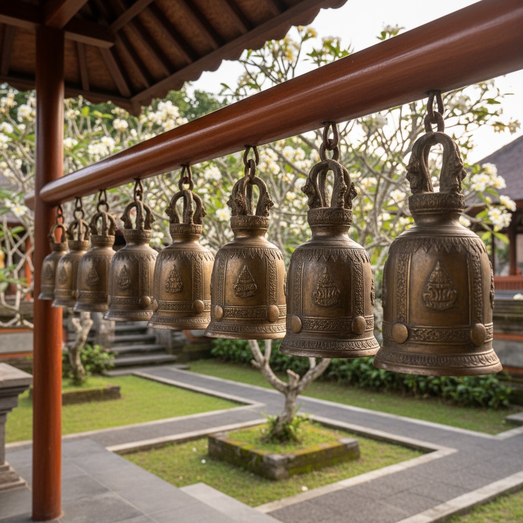 A row of ornate bronze bells hangs from a wooden archway, adorning the exterior of a temple courtyard, set amidst lush gra...